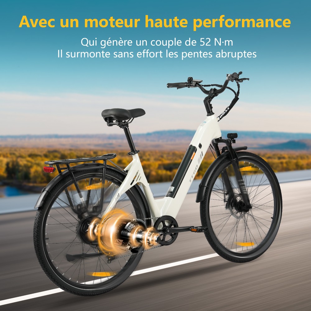 TTGO C3 SE Vélo électrique, moteur 250W, batterie 36V 18Ah, pneus de 28 pouces, vitesse maximale de 25 km/h, autonomie maximale de 120 km, freins à disque mécaniques, fourche à suspension avant, Shimano 7 vitesses - Blanc