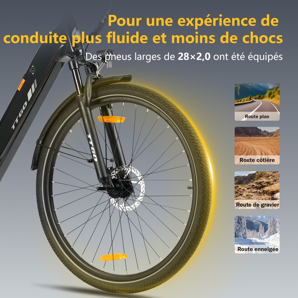 TTGO C3 SE Vélo électrique, moteur 250W, batterie 36V 18Ah, pneus de 28 pouces, vitesse maximale de 25 km/h, autonomie maximale de 120 km, freins à disque mécaniques, fourche à suspension avant, Shimano 7 vitesses - Noir