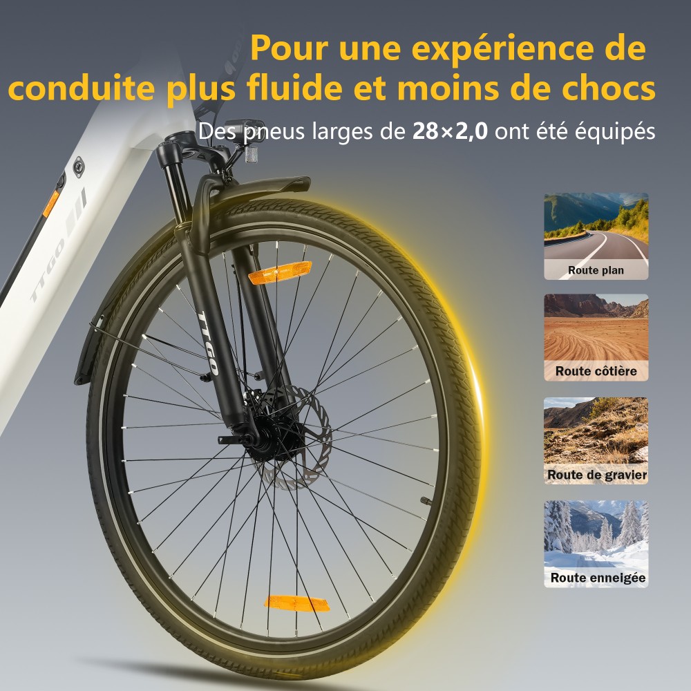 TTGO C3 SE Vélo électrique, moteur 250W, batterie 36V 18Ah, pneus de 28 pouces, vitesse maximale de 25 km/h, autonomie maximale de 120 km, freins à disque mécaniques, fourche à suspension avant, Shimano 7 vitesses - Blanc