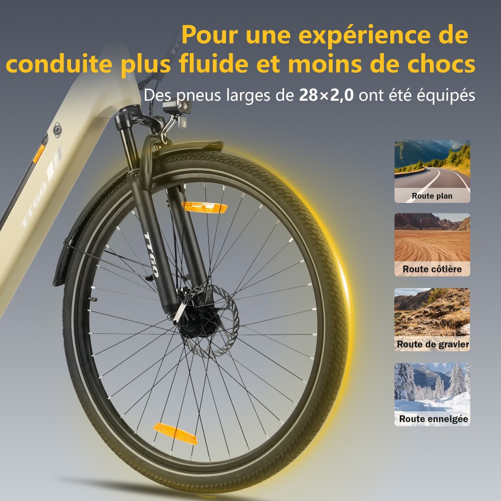 TTGO C3 SE Vélo électrique, moteur 250W, batterie 36V 18Ah, pneus de 28 pouces, vitesse maximale de 25 km/h, autonomie maximale de 120 km, freins à disque mécaniques, fourche à suspension avant, Shimano 7 vitesses - Jaune