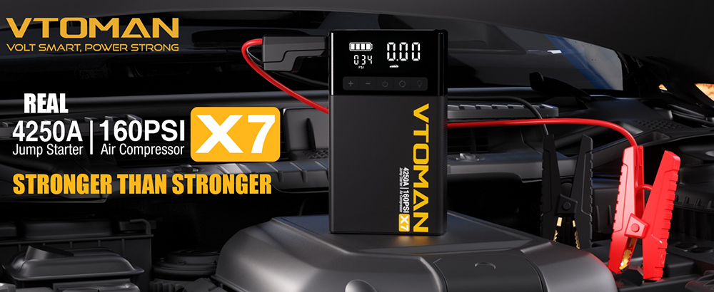 VTOMAN X7 Autóindító Légkompresszorral, 4250A Csúcs, 12V Járművek 10 Literes Gáz- és 10 Literes Dízelig, 160 PSI Gumiabroncs-felfújó, 5,1 Hüvelykes Intelligens Kijelző, 88,8Wh Akkumulátor