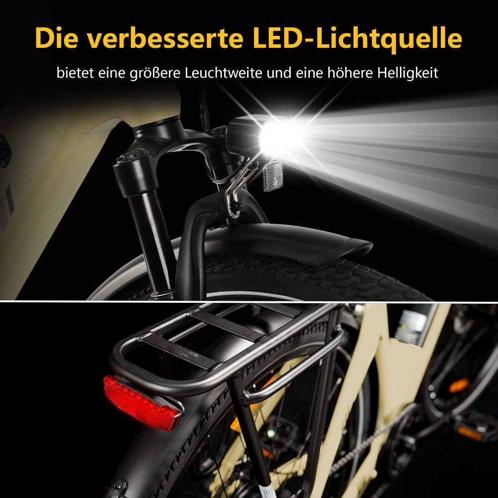 TTGO C3 SE Elektrofahrrad, 250W Motor, 36V 18Ah Batterie, 28 Zoll Reifen, 25 km/h Höchstgeschwindigkeit, 120 km maximale Reichweite, mechanische Bremsen, Vorderradfederung, Shimano 7-Gang - Gelb