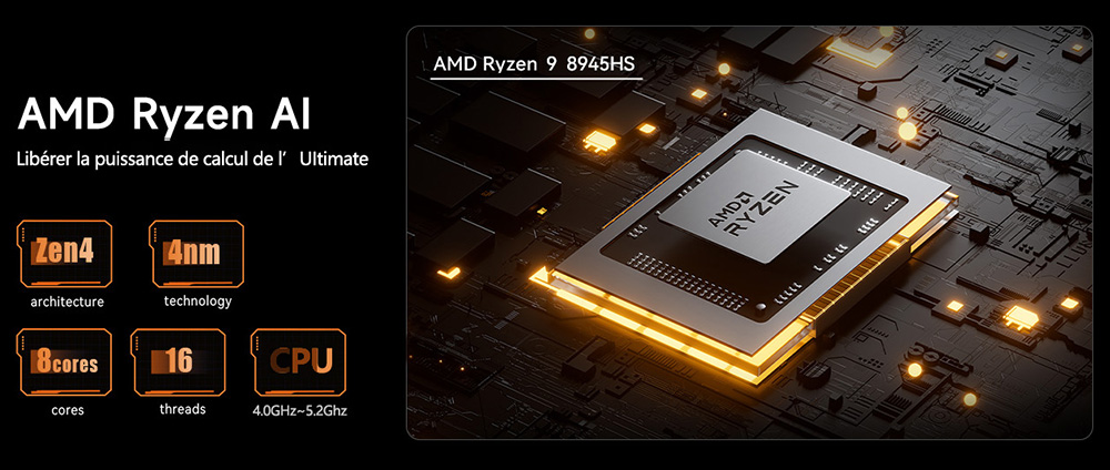 ALLIWAVA GH8 Mini PC de jeu, AMD Ryzen 9 8945HS 8 cœurs max 5,2 GHz, 32 Go de RAM, SSD 1 To, quadruple sortie vidéo (HDMI + DP + USB 4.0 + USB-C), Wi-Fi 6E, Bluetooth 5.2, 2 ports USB 3.0, 2 ports USB 2.0, 2 ports RJ45 2,5 GHz, 1 prise audio.