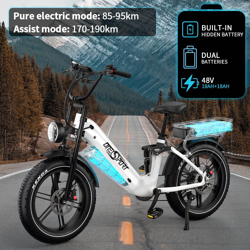 Onesport OT08 Pro Vélo électrique, moteur 500 W, 2 batteries 48 V 18 Ah, pneus 20 x 4 pouces, vitesse maximale 25 km/h, autonomie maximale 190 km, freins à disque à huile avant et arrière, fourche à suspension, Shimano 7 vitesses - Blanc