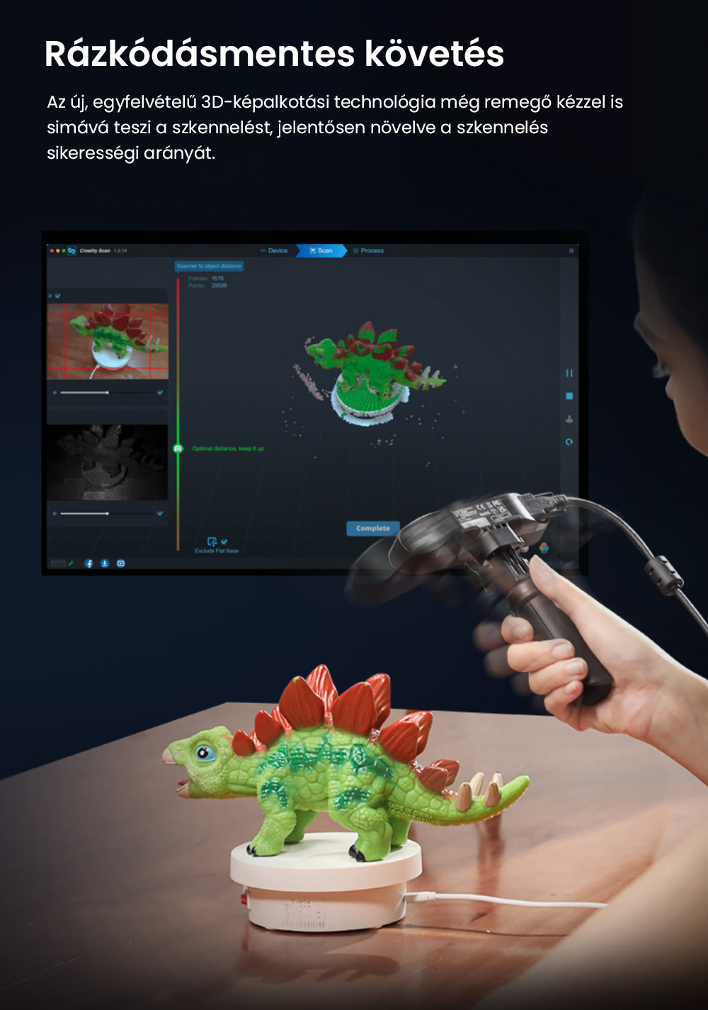 Creality CR-Scan Ferret Pro 3D szkenner, Ak&aacute;r 30 fps szkennel&eacute;si sebess&eacute;g, 0,1 mm-es pontoss&aacute;g, 150-700 mm munkat&aacute;vols&aacute;g, 560*820 mm egyszeres szkennel&eacute;si tartom&aacute;ny, 150x150 mm minim&aacute;lis szkennel&eacute;s, Vezet&eacute;k n&eacute;lk&uuml;li kapcsolat