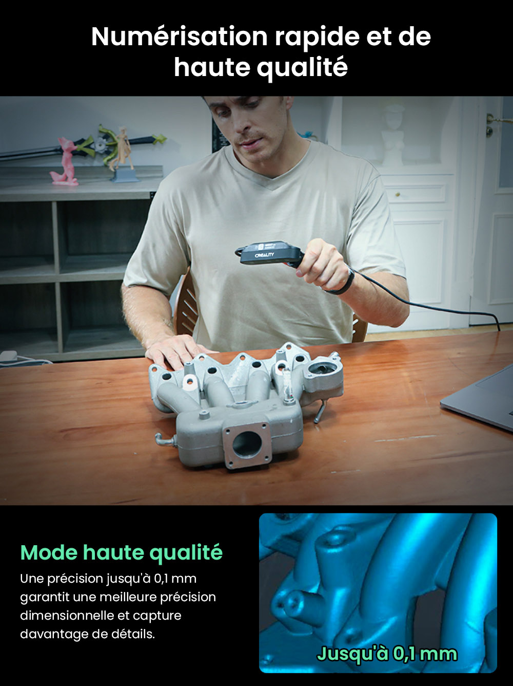 Scanner 3D Creality CR-Scan Ferret Pro, vitesse de num&eacute;risation jusqu'&agrave; 30 ips, pr&eacute;cision de 0,1 mm, distance de travail de 150 &agrave; 700 mm, plage de capture unique de 560 x 820 mm, num&eacute;risation minimale de 150 x 150 mm, connexion sans fil