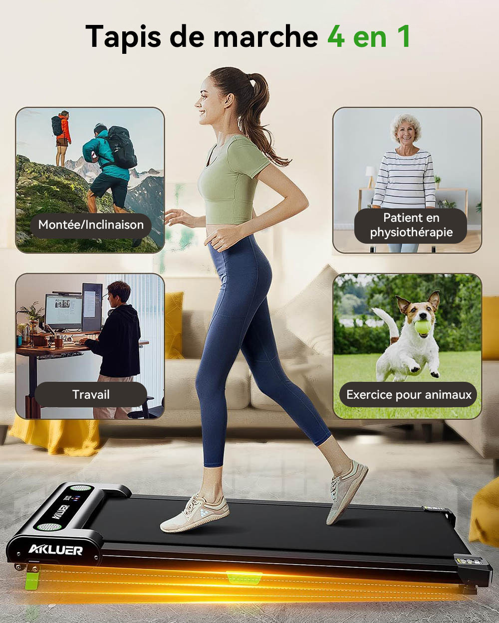 Tapis de marche inclinable Akluer 480L-A, tapis de course sous le bureau de 2,5 CV avec t&eacute;l&eacute;commande, &eacute;cran LED, capacit&eacute; maximale de 140 kg.