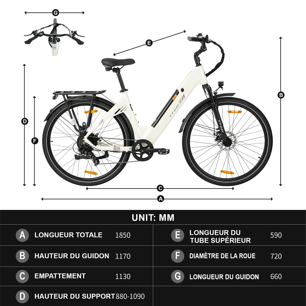 TTGO C3 SE Vélo électrique, moteur 250W, batterie 36V 18Ah, pneus de 28 pouces, vitesse maximale de 25 km/h, autonomie maximale de 120 km, freins à disque mécaniques, fourche à suspension avant, Shimano 7 vitesses - Blanc