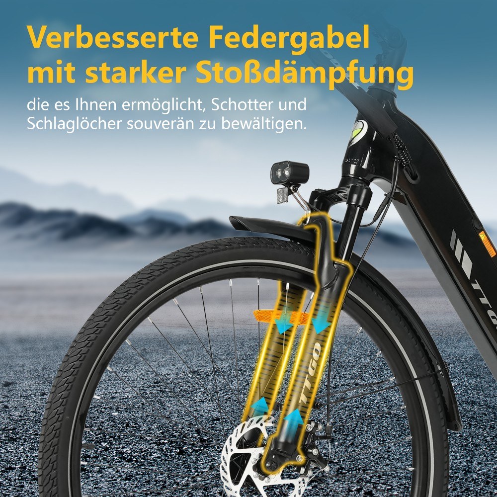 TTGO C3 SE Elektrofahrrad, 250W Motor, 36V 18Ah Batterie, 28 Zoll Reifen, 25 km/h Höchstgeschwindigkeit, 120 km maximale Reichweite, mechanische Bremsen, Vorderradfederung, Shimano 7-Gang - Schwarz