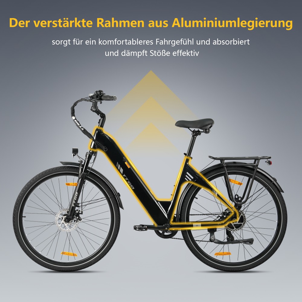 TTGO C3 SE Elektrofahrrad, 250W Motor, 36V 18Ah Batterie, 28 Zoll Reifen, 25 km/h Höchstgeschwindigkeit, 120 km maximale Reichweite, mechanische Bremsen, Vorderradfederung, Shimano 7-Gang - Schwarz