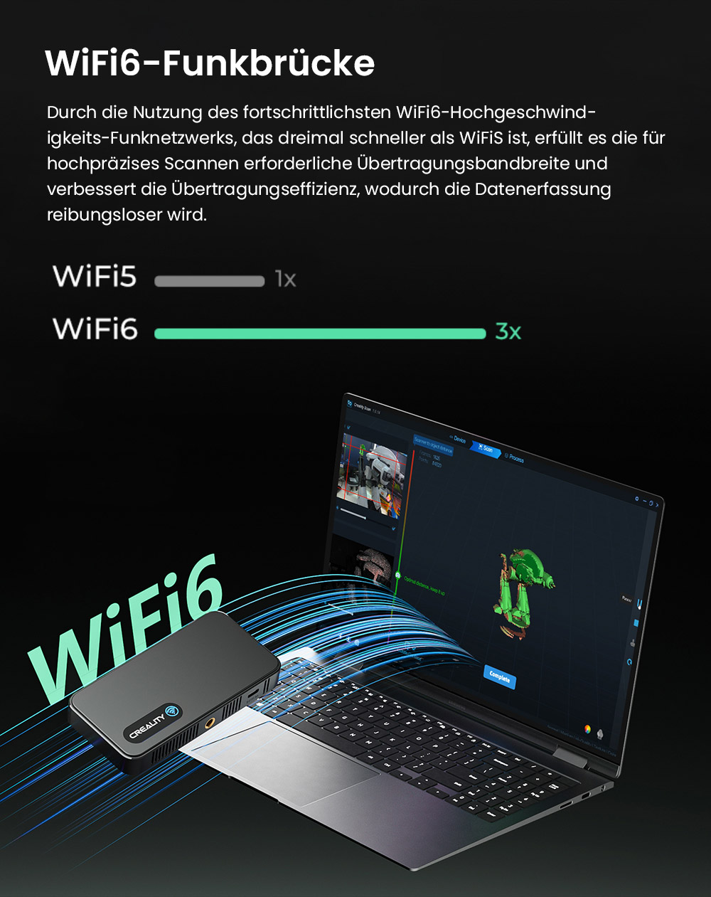 Creality CR-Scan Ferret Pro 3D-Scanner, bis zu 30 fps Scan-Geschwindigkeit, 0,1 mm Genauigkeit, 150&ndash;700 mm Arbeitsabstand, 560 x 820 mm Einzelaufnahmebereich, 150 x 150 mm Mindestscan, kabellose Verbindung