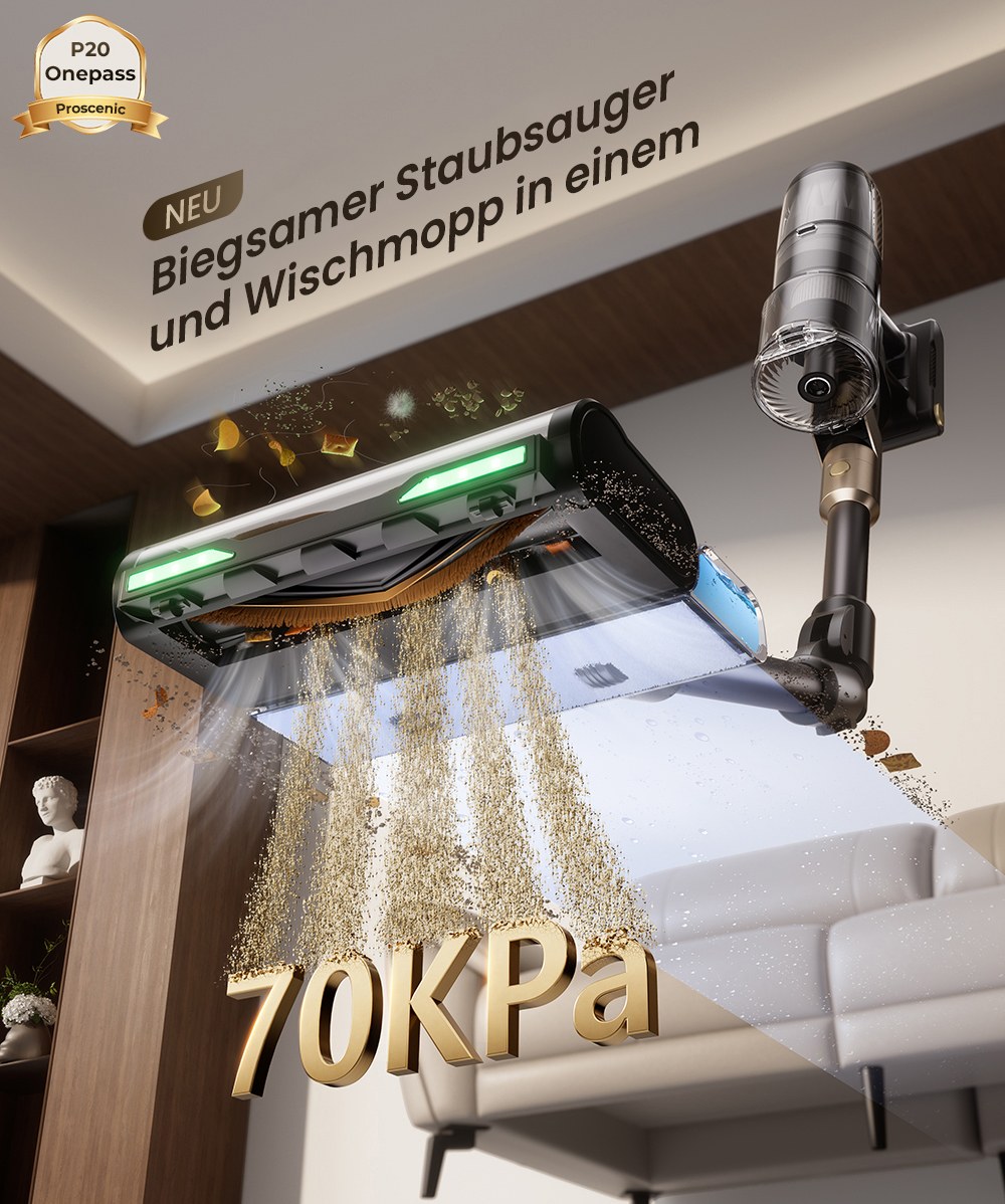 Proscenic P20 OnePass Akku-Staubsauger, 70000Pa Saugkraft, 70 Minuten Laufzeit, 680W b&uuml;rstenloser Motor, 180&deg; Biegsames Rohr, Nass- und Trockenreinigung mit zus&auml;tzlichem Wassertank