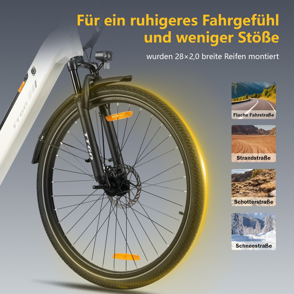 TTGO C3 SE Elektrofahrrad, 250W Motor, 36V 18Ah Batterie, 28 Zoll Reifen, 25 km/h Höchstgeschwindigkeit, 120 km maximale Reichweite, mechanische Bremsen, Vorderradfederung, Shimano 7-Gang - Weiß