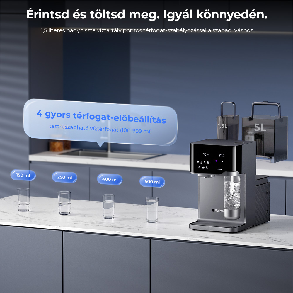 Hydrofast C300 RO pultra helyezhető v&iacute;ztiszt&iacute;t&oacute;, jeges &eacute;s sz&eacute;nsavas v&iacute;z adagol&oacute;, 6 fokozat&uacute; szűr&eacute;s UV-steriliz&aacute;l&aacute;ssal, 5 literes nyersv&iacute;ztart&aacute;ly &eacute;s 1,5 literes tisztav&iacute;ztart&aacute;ly, &aacute;ll&iacute;that&oacute; hőm&eacute;rs&eacute;klet &eacute;s t&eacute;rfogat, intelligens TDS kijelző