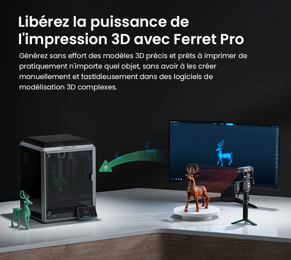 Scanner 3D Creality CR-Scan Ferret Pro, vitesse de num&eacute;risation jusqu'&agrave; 30 ips, pr&eacute;cision de 0,1 mm, distance de travail de 150 &agrave; 700 mm, plage de capture unique de 560 x 820 mm, num&eacute;risation minimale de 150 x 150 mm, connexion sans fil