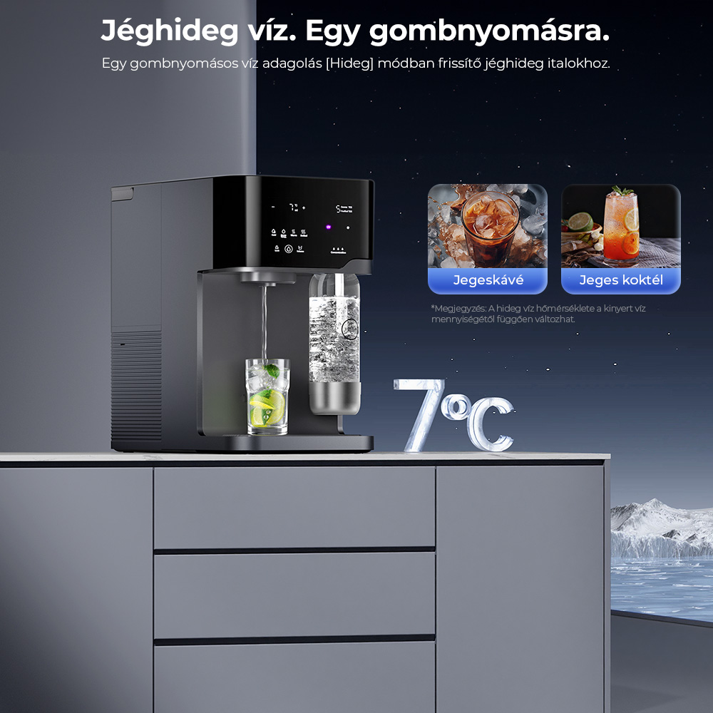 Hydrofast C300 RO pultra helyezhető v&iacute;ztiszt&iacute;t&oacute;, jeges &eacute;s sz&eacute;nsavas v&iacute;z adagol&oacute;, 6 fokozat&uacute; szűr&eacute;s UV-steriliz&aacute;l&aacute;ssal, 5 literes nyersv&iacute;ztart&aacute;ly &eacute;s 1,5 literes tisztav&iacute;ztart&aacute;ly, &aacute;ll&iacute;that&oacute; hőm&eacute;rs&eacute;klet &eacute;s t&eacute;rfogat, intelligens TDS kijelző