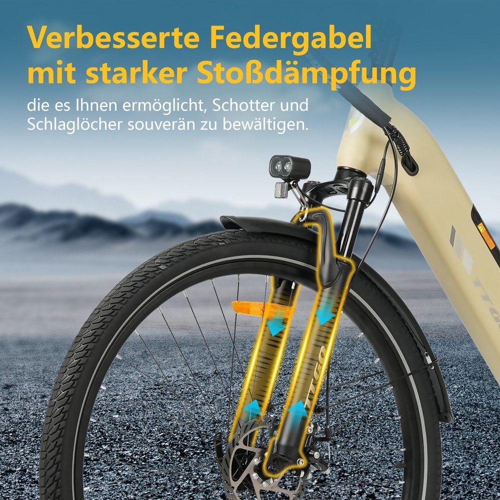 TTGO C3 SE Elektrofahrrad, 250W Motor, 36V 18Ah Batterie, 28 Zoll Reifen, 25 km/h Höchstgeschwindigkeit, 120 km maximale Reichweite, mechanische Bremsen, Vorderradfederung, Shimano 7-Gang - Gelb