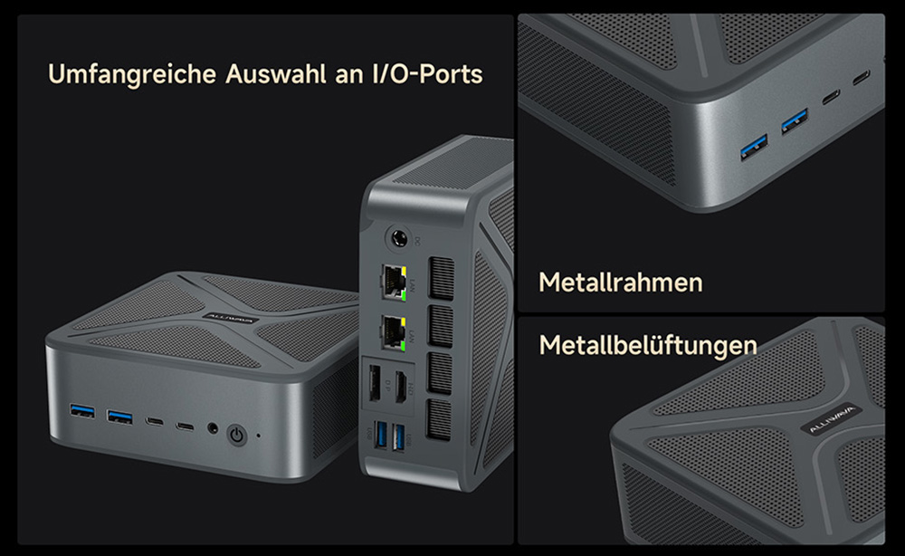 ALLIWAVA GH8 Gaming-Mini-PC, AMD Ryzen 9 8945HS 8 Kerne Max. 5,2 GHz, 32 GB RAM, 1 TB SSD, HDMI+DP+USB4+USB-C Quad-Display, WiFi 6E, Bluetooth 5.2, 2x USB 3.0, 2x USB 2.0, 2x 2,5G RJ45, 1x Audio-Buchse