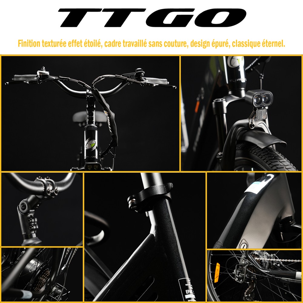 TTGO C3 SE Vélo électrique, moteur 250W, batterie 36V 18Ah, pneus de 28 pouces, vitesse maximale de 25 km/h, autonomie maximale de 120 km, freins à disque mécaniques, fourche à suspension avant, Shimano 7 vitesses - Noir
