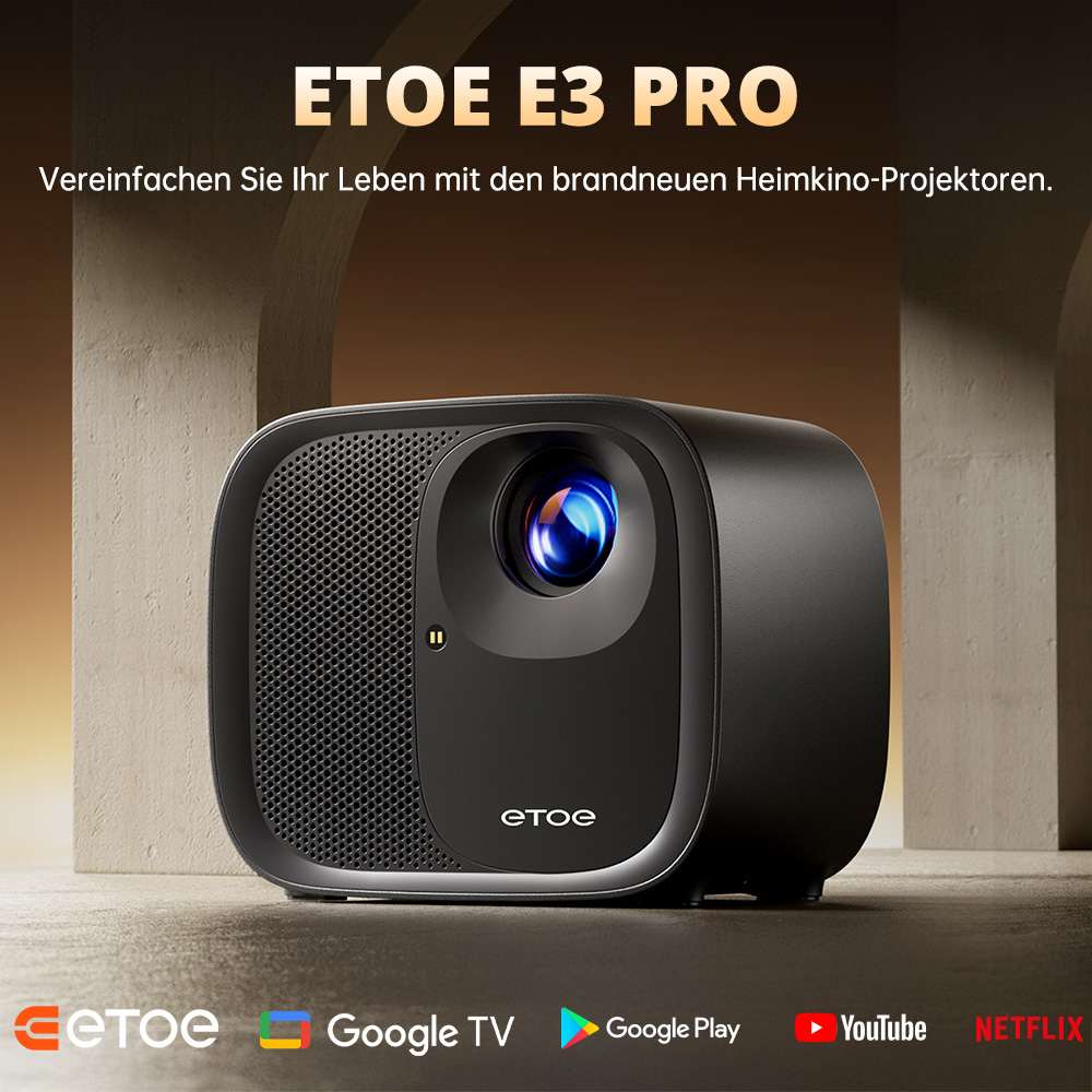 [Netflix- & Google-TV-zertifiziert] ETOE E3 Pro Projektor, Dolby Digital Plus, Native 1080P, 600 ANSI, 1.5GB+8GB, 5G WiFi, 4K-Decodierung, 20W Surround Sound, Nahtlose Autofokus-Funktion, Google Assistant, mit 10.000+ Apps