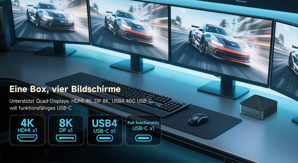 ALLIWAVA GH8 Gaming-Mini-PC, AMD Ryzen 9 8945HS 8 Kerne Max. 5,2 GHz, 32 GB RAM, 1 TB SSD, HDMI+DP+USB4+USB-C Quad-Display, WiFi 6E, Bluetooth 5.2, 2x USB 3.0, 2x USB 2.0, 2x 2,5G RJ45, 1x Audio-Buchse