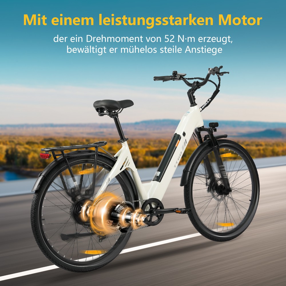TTGO C3 SE Elektrofahrrad, 250W Motor, 36V 18Ah Batterie, 28 Zoll Reifen, 25 km/h Höchstgeschwindigkeit, 120 km maximale Reichweite, mechanische Bremsen, Vorderradfederung, Shimano 7-Gang - Weiß