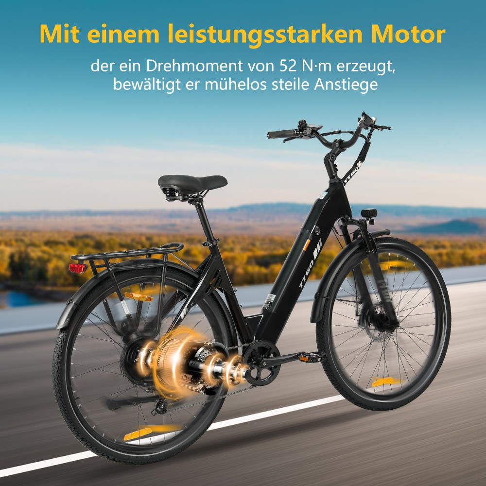 TTGO C3 SE Elektrofahrrad, 250W Motor, 36V 18Ah Batterie, 28 Zoll Reifen, 25 km/h Höchstgeschwindigkeit, 120 km maximale Reichweite, mechanische Bremsen, Vorderradfederung, Shimano 7-Gang - Schwarz