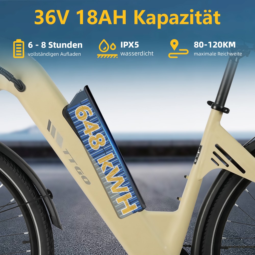 TTGO C3 SE Elektrofahrrad, 250W Motor, 36V 18Ah Batterie, 28 Zoll Reifen, 25 km/h Höchstgeschwindigkeit, 120 km maximale Reichweite, mechanische Bremsen, Vorderradfederung, Shimano 7-Gang - Gelb