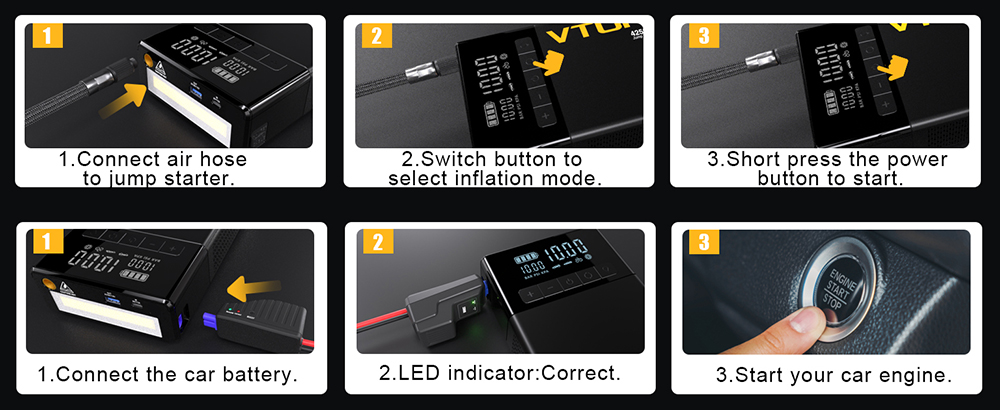 VTOMAN X7 Car Jump Starter with Air Compressor, 4250A Peak, 12V Vehicles up to 10L Gas & 10L Diesel, 160 PSI Tire Inflator, 5.1" Smart Display, 88.8Wh Battery
