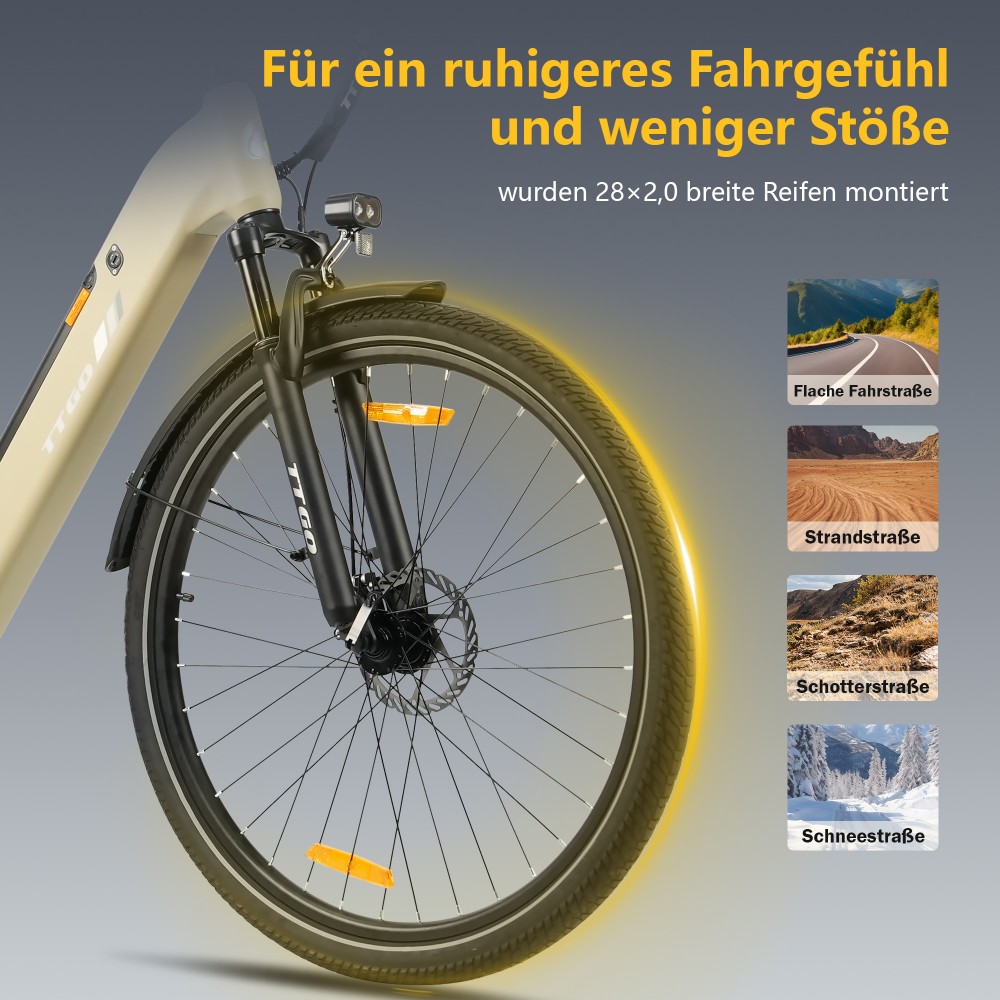 TTGO C3 SE Elektrofahrrad, 250W Motor, 36V 18Ah Batterie, 28 Zoll Reifen, 25 km/h Höchstgeschwindigkeit, 120 km maximale Reichweite, mechanische Bremsen, Vorderradfederung, Shimano 7-Gang - Gelb