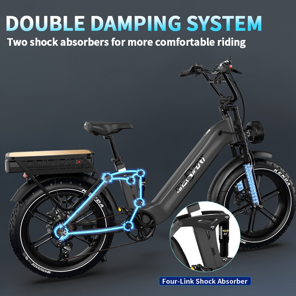 Onesport OT08 Pro Vélo électrique, moteur 500 W, 2 batteries 48 V 18 Ah, pneus 20 x 4 pouces, vitesse maximale 25 km/h, autonomie maximale 190 km, freins à disque à huile avant et arrière, fourche à suspension, Shimano 7 vitesses - Gris