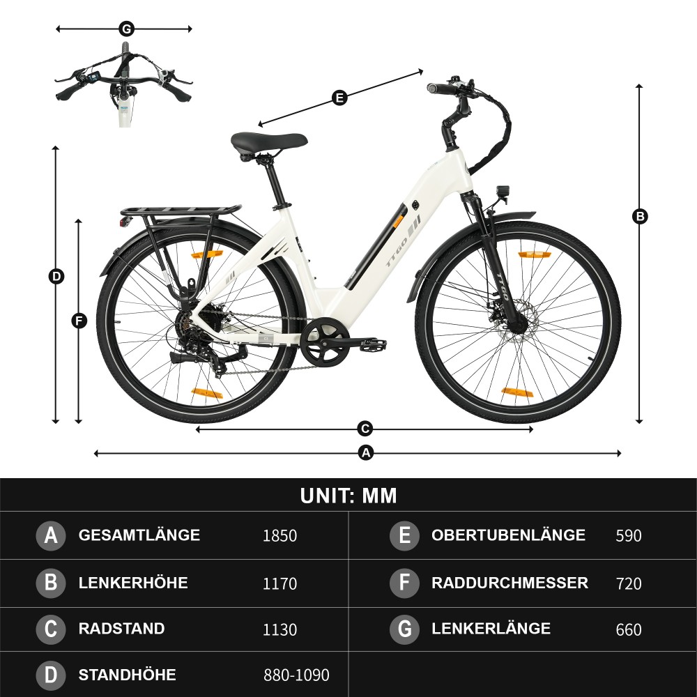TTGO C3 SE Elektrofahrrad, 250W Motor, 36V 18Ah Batterie, 28 Zoll Reifen, 25 km/h Höchstgeschwindigkeit, 120 km maximale Reichweite, mechanische Bremsen, Vorderradfederung, Shimano 7-Gang - Weiß