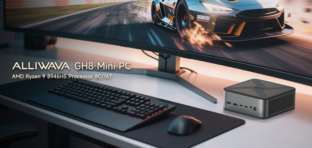 ALLIWAVA GH8 Gaming-Mini-PC, AMD Ryzen 9 8945HS 8 Kerne Max. 5,2 GHz, 32 GB RAM, 1 TB SSD, HDMI+DP+USB4+USB-C Quad-Display, WiFi 6E, Bluetooth 5.2, 2x USB 3.0, 2x USB 2.0, 2x 2,5G RJ45, 1x Audio-Buchse