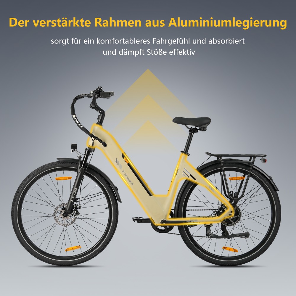 TTGO C3 SE Elektrofahrrad, 250W Motor, 36V 18Ah Batterie, 28 Zoll Reifen, 25 km/h Höchstgeschwindigkeit, 120 km maximale Reichweite, mechanische Bremsen, Vorderradfederung, Shimano 7-Gang - Gelb