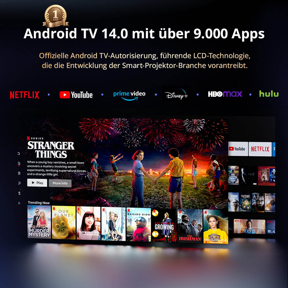 ETOE Whale Pro Android TV-Projektor, Native 1080P, 1500 ANSI, 4K-Dekodierung, Autofokus und automatische Trapezkorrektur, 2 x 10 W Stereo-Lautsprecher, Dualband-WLAN