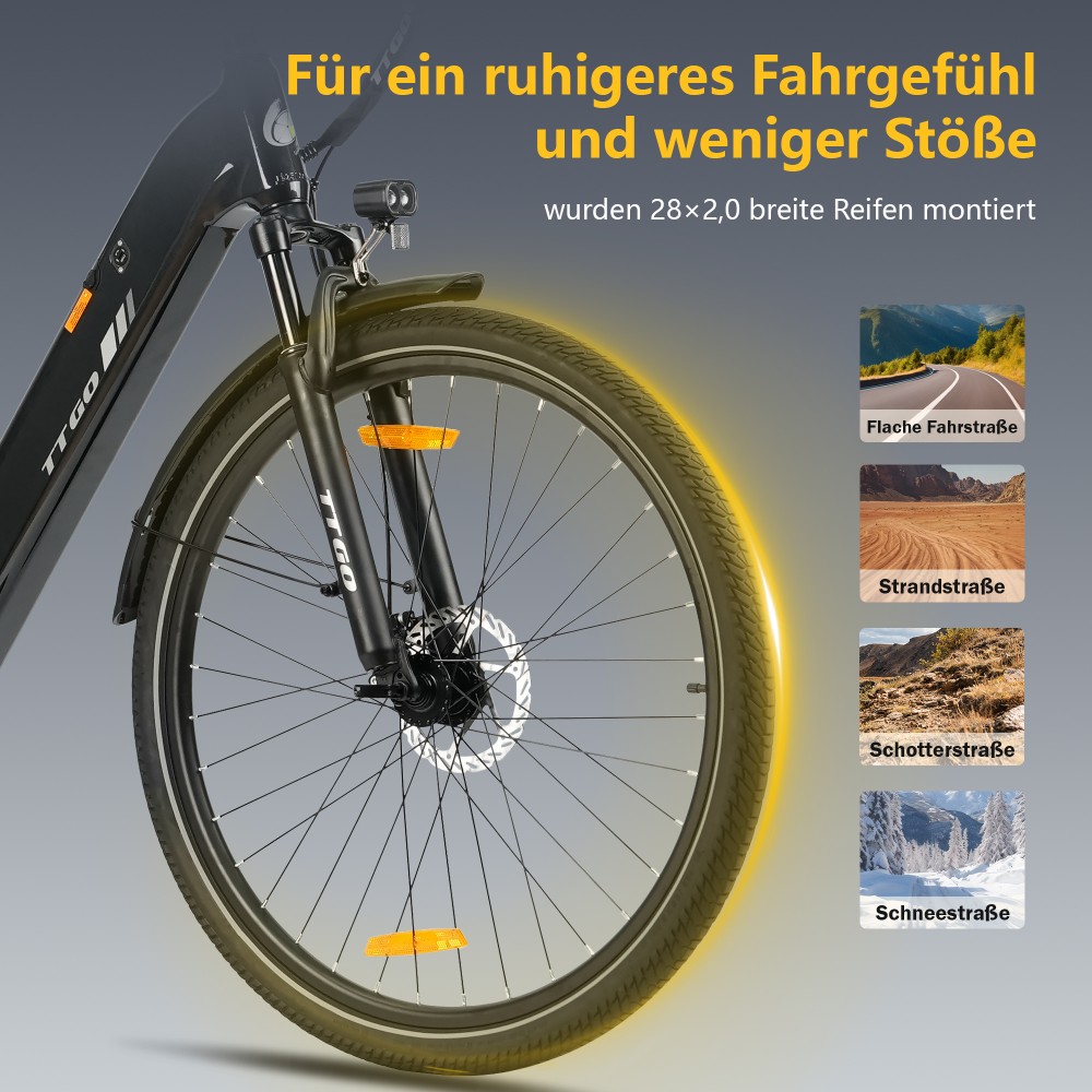 TTGO C3 SE Elektrofahrrad, 250W Motor, 36V 18Ah Batterie, 28 Zoll Reifen, 25 km/h Höchstgeschwindigkeit, 120 km maximale Reichweite, mechanische Bremsen, Vorderradfederung, Shimano 7-Gang - Schwarz