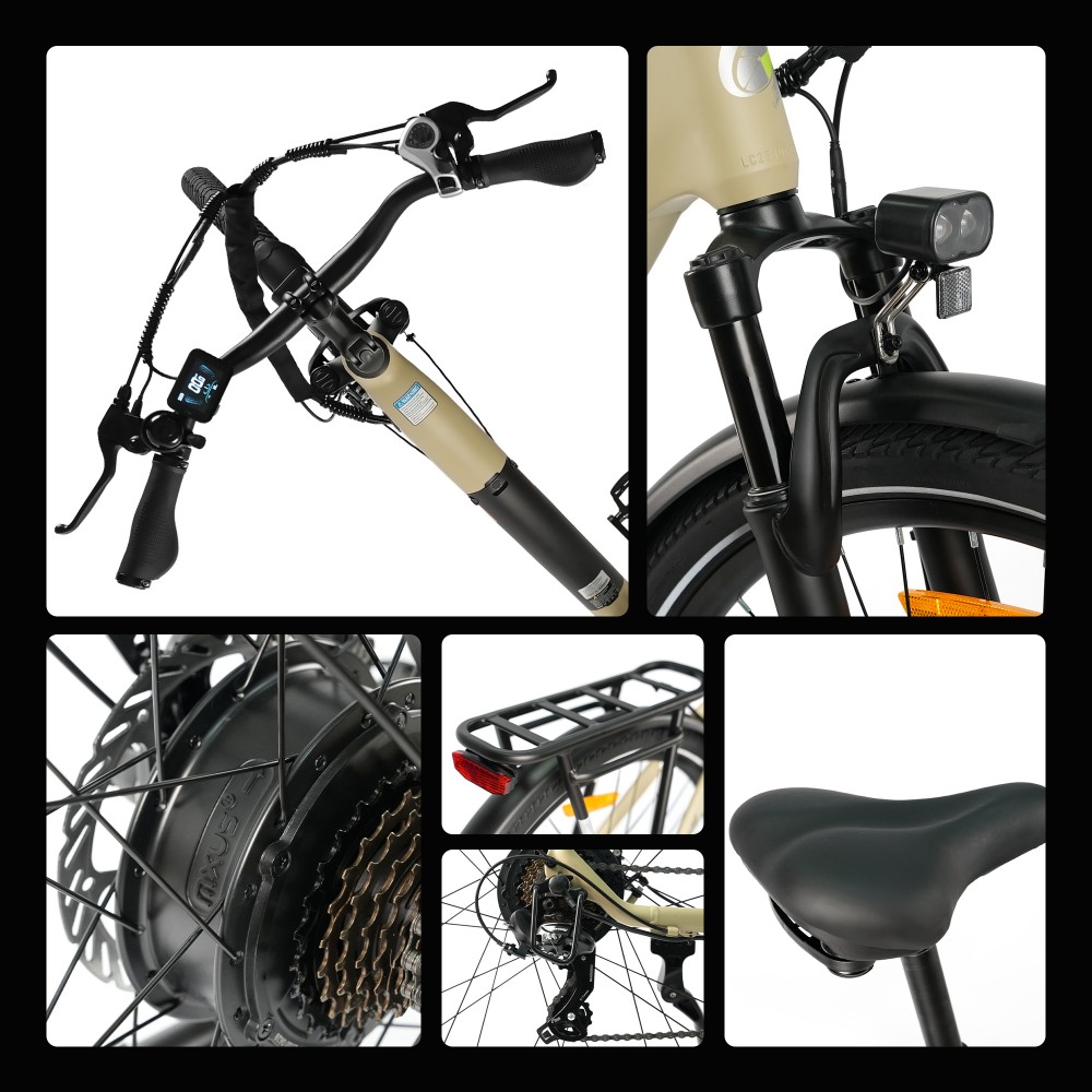 TTGO C3 SE Elektrofahrrad, 250W Motor, 36V 18Ah Batterie, 28 Zoll Reifen, 25 km/h Höchstgeschwindigkeit, 120 km maximale Reichweite, mechanische Bremsen, Vorderradfederung, Shimano 7-Gang - Gelb
