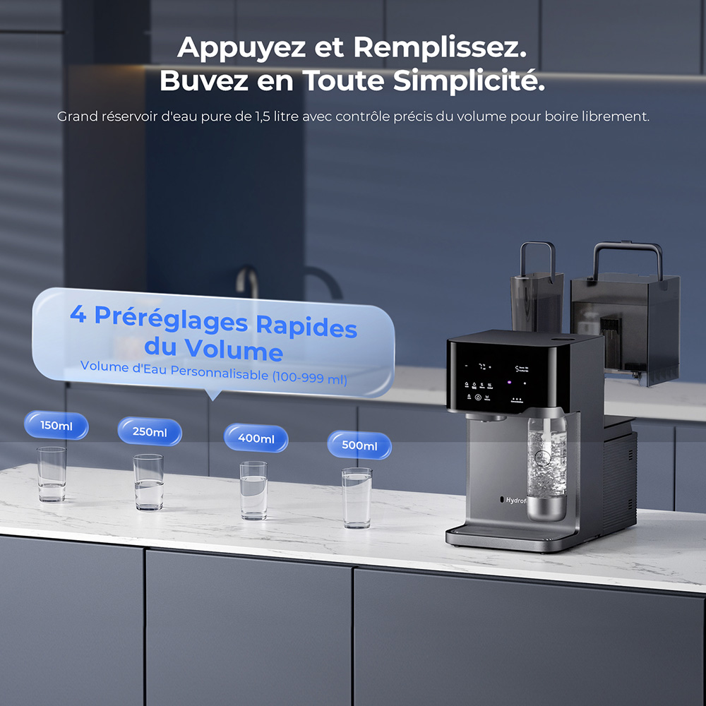 Hydrofast C300 Purificateur d&rsquo;Eau de Comptoir RO, Distributeur d&rsquo;Eau Glac&eacute;e et P&eacute;tillante, Filtration en 6 &Eacute;tapes avec St&eacute;rilisation UV, R&eacute;servoir d&rsquo;Eau Brute de 5 L & R&eacute;servoir d&rsquo;Eau Purifi&eacute;e de 1,5 L, Temp&eacute;rature et Volume R&eacute;glables, Affichage Inte