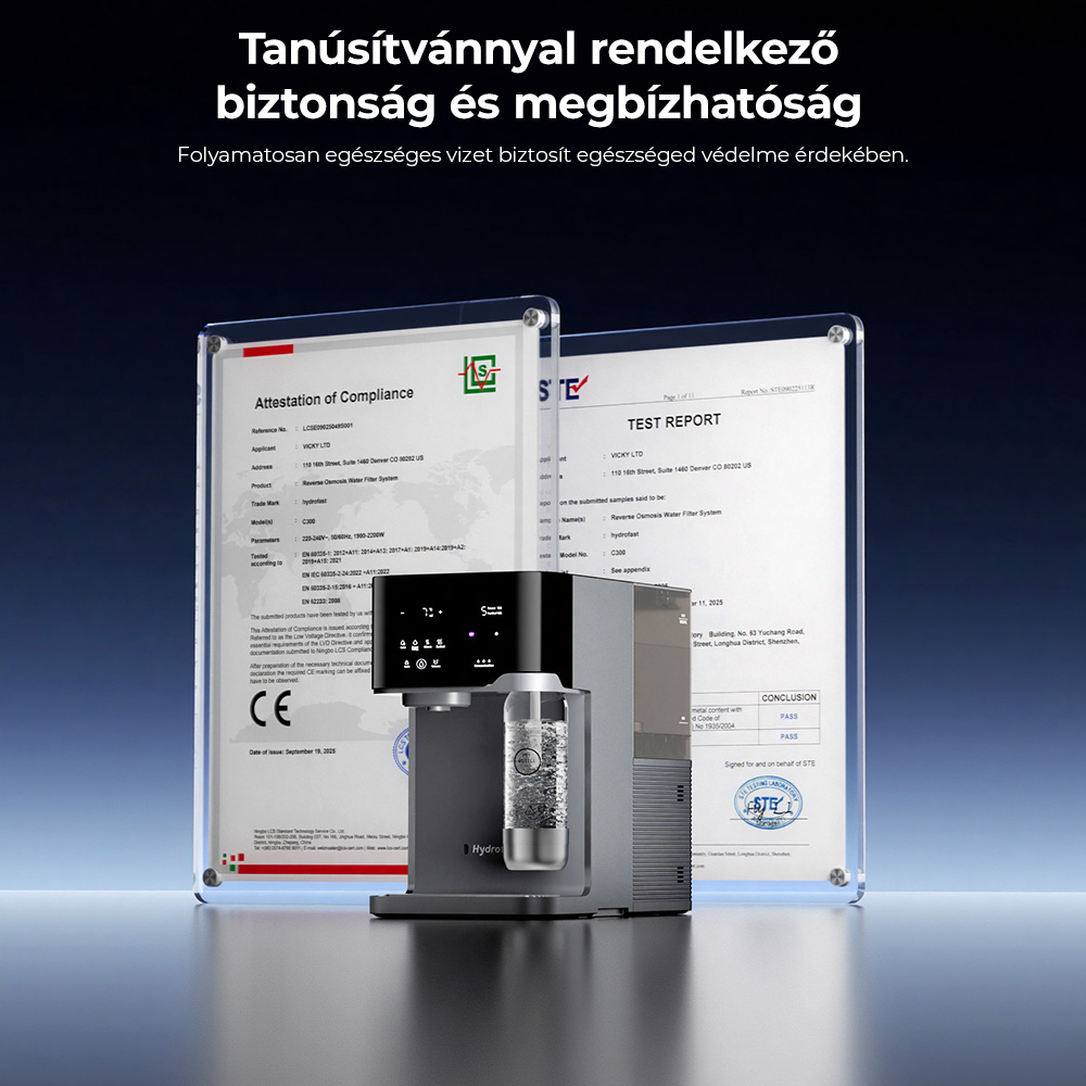 Hydrofast C300 RO pultra helyezhető v&iacute;ztiszt&iacute;t&oacute;, jeges &eacute;s sz&eacute;nsavas v&iacute;z adagol&oacute;, 6 fokozat&uacute; szűr&eacute;s UV-steriliz&aacute;l&aacute;ssal, 5 literes nyersv&iacute;ztart&aacute;ly &eacute;s 1,5 literes tisztav&iacute;ztart&aacute;ly, &aacute;ll&iacute;that&oacute; hőm&eacute;rs&eacute;klet &eacute;s t&eacute;rfogat, intelligens TDS kijelző