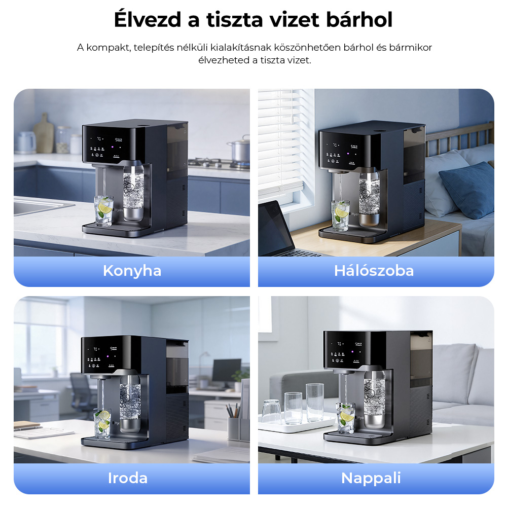 Hydrofast C300 RO pultra helyezhető v&iacute;ztiszt&iacute;t&oacute;, jeges &eacute;s sz&eacute;nsavas v&iacute;z adagol&oacute;, 6 fokozat&uacute; szűr&eacute;s UV-steriliz&aacute;l&aacute;ssal, 5 literes nyersv&iacute;ztart&aacute;ly &eacute;s 1,5 literes tisztav&iacute;ztart&aacute;ly, &aacute;ll&iacute;that&oacute; hőm&eacute;rs&eacute;klet &eacute;s t&eacute;rfogat, intelligens TDS kijelző