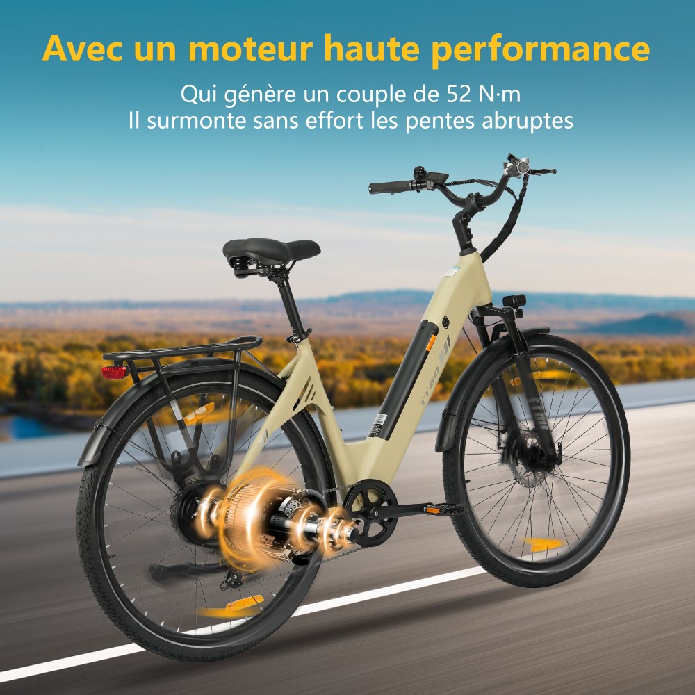 TTGO C3 SE Vélo électrique, moteur 250W, batterie 36V 18Ah, pneus de 28 pouces, vitesse maximale de 25 km/h, autonomie maximale de 120 km, freins à disque mécaniques, fourche à suspension avant, Shimano 7 vitesses - Jaune