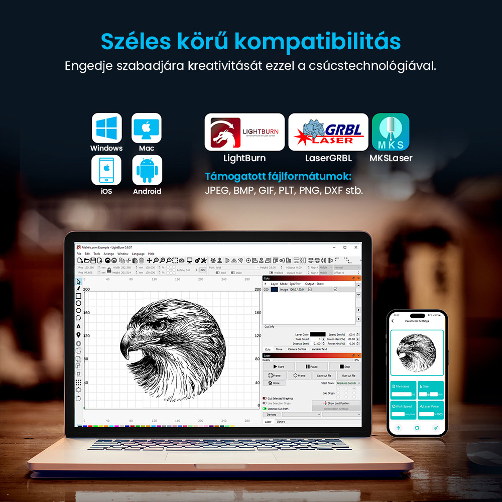 Mecpow X3 Pro 10W-os l&eacute;zergrav&iacute;roz&oacute; levegős r&aacute;seg&iacute;t&eacute;sű k&eacute;szlettel