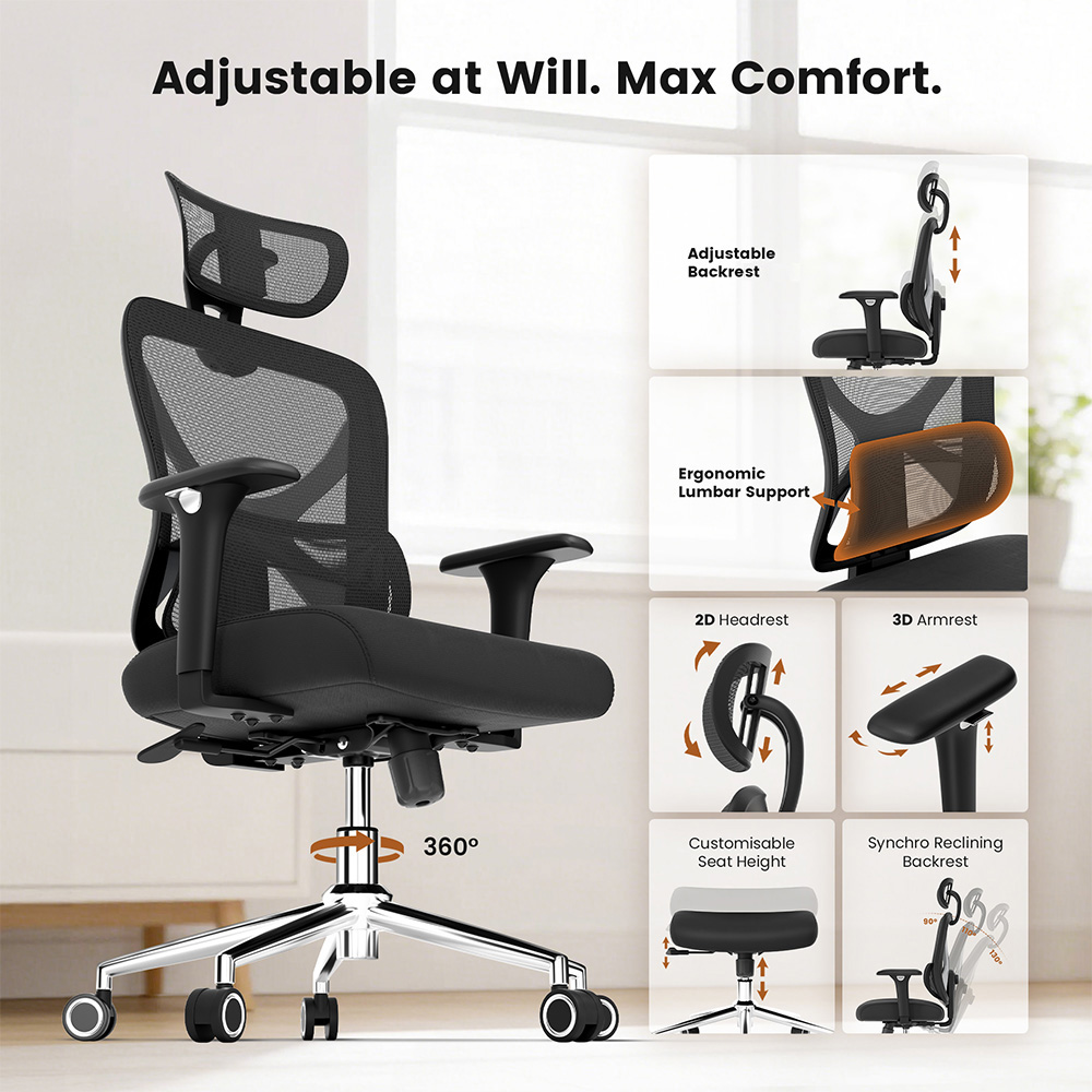 ACGAM CG-5345M Gaming Office Chair, Adjustable Lumbar Support, 3D Armrests, 2D Headrest, Breathable Mesh Back, Memory Foam Seat, 90°-130° Recline, 150kg Capacity