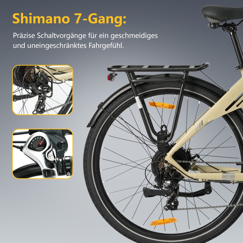 TTGO C3 SE Elektrofahrrad, 250W Motor, 36V 18Ah Batterie, 28 Zoll Reifen, 25 km/h Höchstgeschwindigkeit, 120 km maximale Reichweite, mechanische Bremsen, Vorderradfederung, Shimano 7-Gang - Gelb