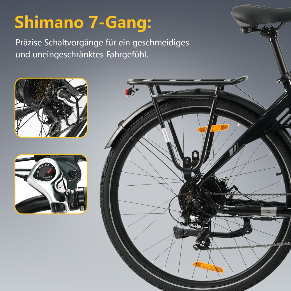 TTGO C3 SE Elektrofahrrad, 250W Motor, 36V 18Ah Batterie, 28 Zoll Reifen, 25 km/h Höchstgeschwindigkeit, 120 km maximale Reichweite, mechanische Bremsen, Vorderradfederung, Shimano 7-Gang - Schwarz