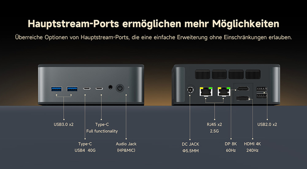 ALLIWAVA GH8 Gaming-Mini-PC, AMD Ryzen 9 8945HS 8 Kerne Max. 5,2 GHz, 32 GB RAM, 1 TB SSD, HDMI+DP+USB4+USB-C Quad-Display, WiFi 6E, Bluetooth 5.2, 2x USB 3.0, 2x USB 2.0, 2x 2,5G RJ45, 1x Audio-Buchse