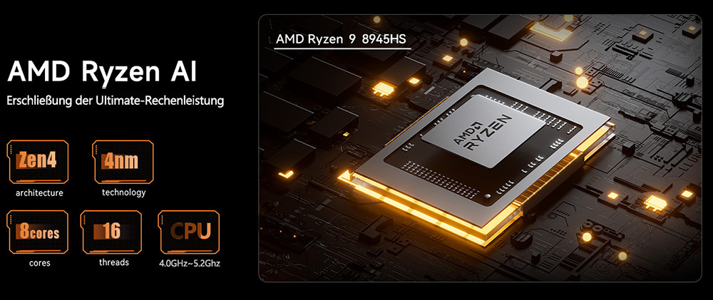 ALLIWAVA GH8 Gaming-Mini-PC, AMD Ryzen 9 8945HS 8 Kerne Max. 5,2 GHz, 32 GB RAM, 1 TB SSD, HDMI+DP+USB4+USB-C Quad-Display, WiFi 6E, Bluetooth 5.2, 2x USB 3.0, 2x USB 2.0, 2x 2,5G RJ45, 1x Audio-Buchse