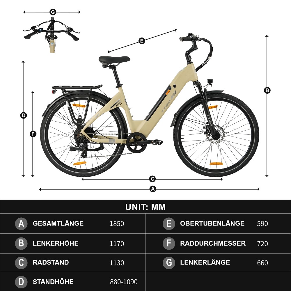 TTGO C3 SE Elektrofahrrad, 250W Motor, 36V 18Ah Batterie, 28 Zoll Reifen, 25 km/h Höchstgeschwindigkeit, 120 km maximale Reichweite, mechanische Bremsen, Vorderradfederung, Shimano 7-Gang - Gelb