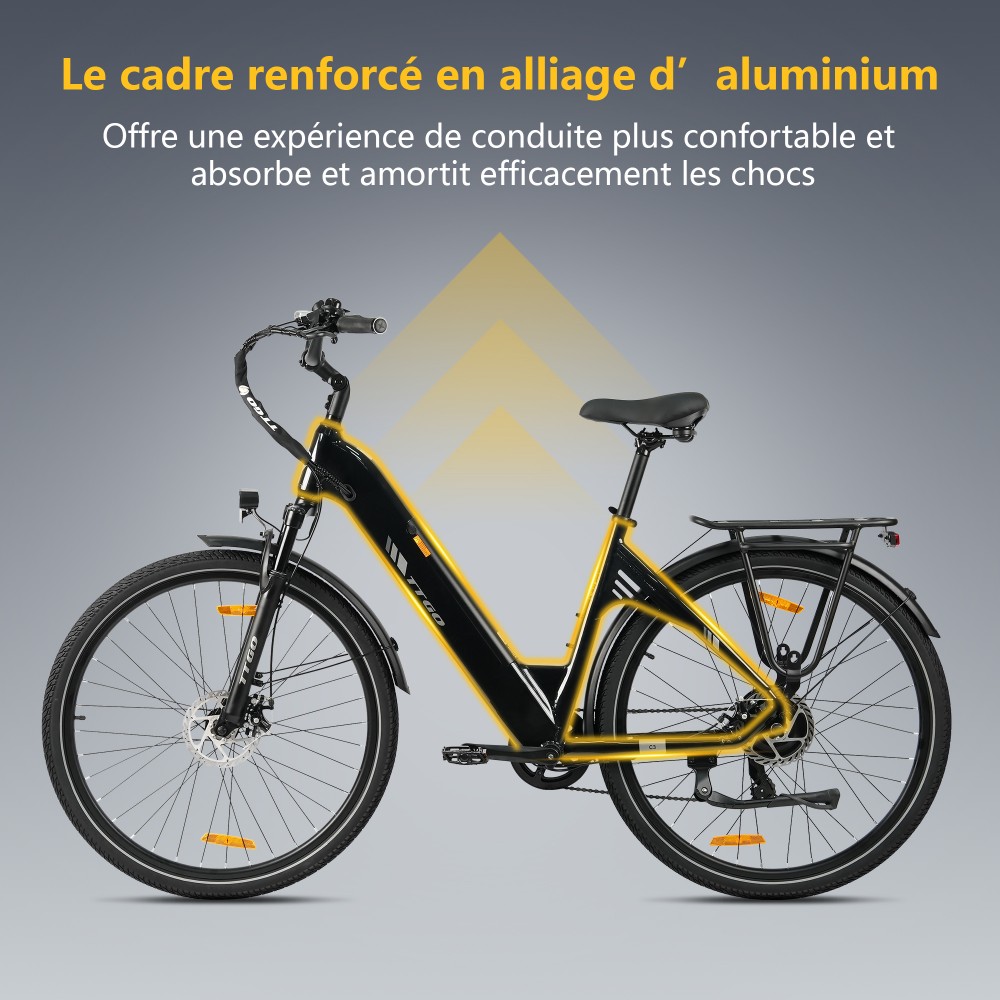 TTGO C3 SE Vélo électrique, moteur 250W, batterie 36V 18Ah, pneus de 28 pouces, vitesse maximale de 25 km/h, autonomie maximale de 120 km, freins à disque mécaniques, fourche à suspension avant, Shimano 7 vitesses - Noir
