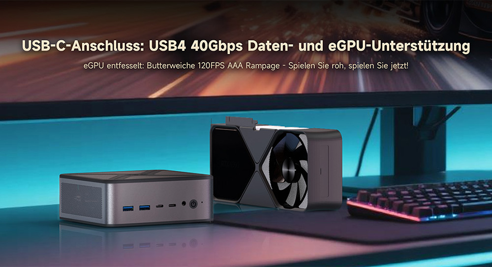 ALLIWAVA GH8 Gaming-Mini-PC, AMD Ryzen 9 8945HS 8 Kerne Max. 5,2 GHz, 32 GB RAM, 1 TB SSD, HDMI+DP+USB4+USB-C Quad-Display, WiFi 6E, Bluetooth 5.2, 2x USB 3.0, 2x USB 2.0, 2x 2,5G RJ45, 1x Audio-Buchse